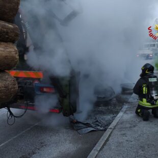 SANTA GIUSTINA, PRINCIPIO D’INCENDIO RIMORCHIO CARICO DI GROSSI TRONCHI