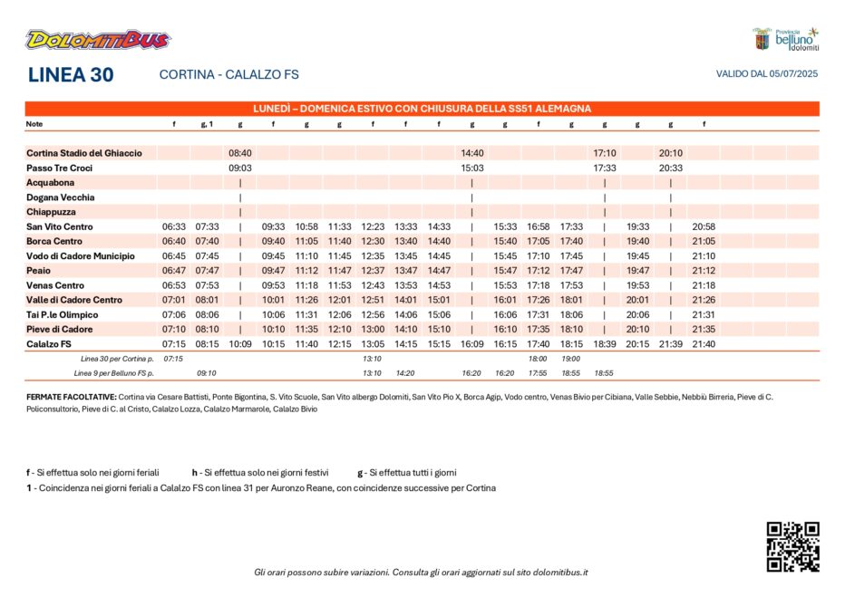 DOLOMITIBUS: AGGIORNAMENTO ORARI LINEA 30 CALALZO – CORTINA  FINO AL 9 LUGLIO 2025