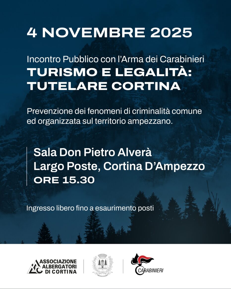 Incontro pubblico “Turismo e legalità: tutelare Cortina”. Martedì 4 novembre a Cortina: ascolta l’intervista con Alessandro Bui, Maggiore e Comandante dei Carabinieri di Cortina d’ampezzo.