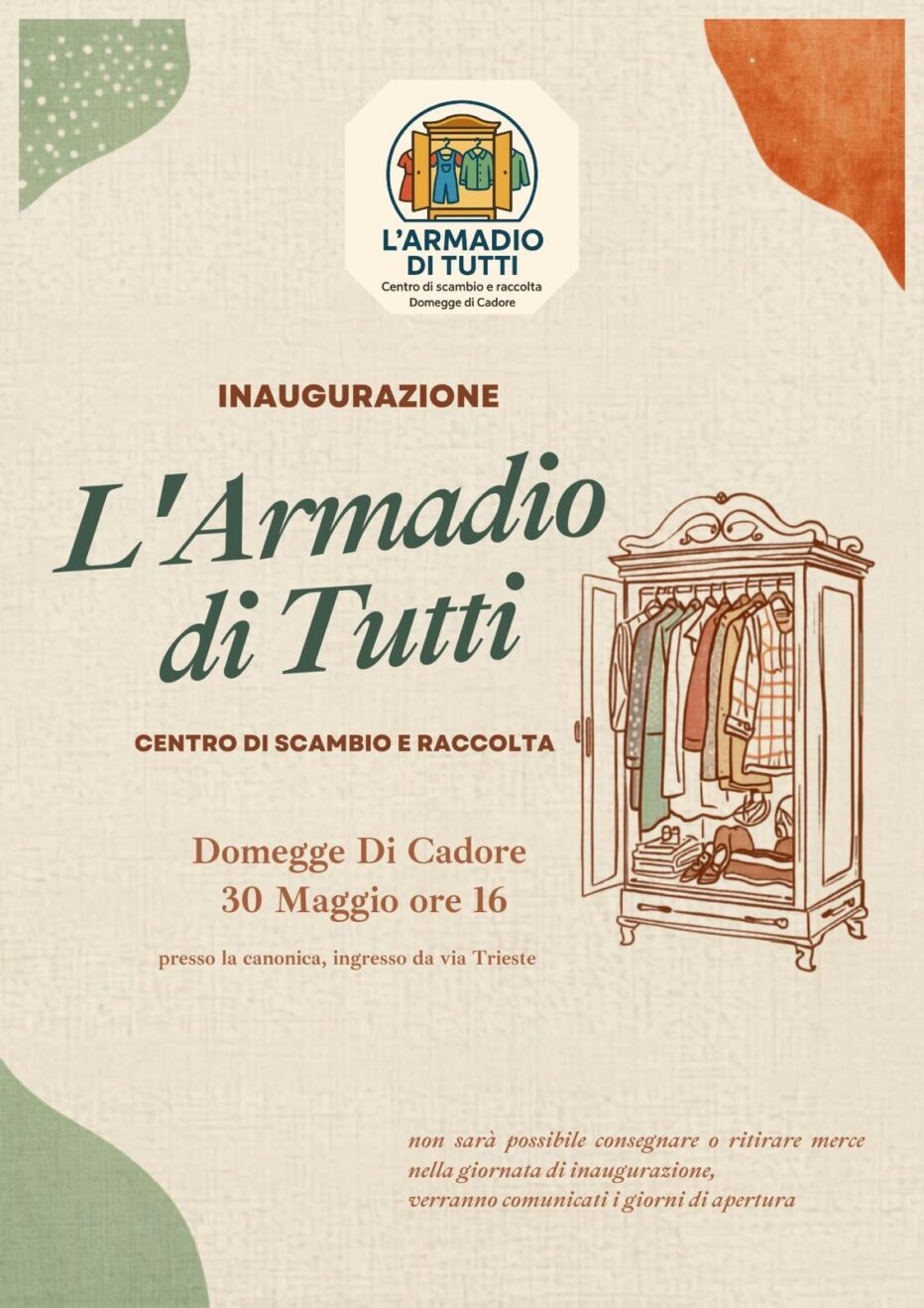 SABATO 30 MAGGIO A DOMEGGE INAUGURAZIONE DE “L’ARMADIO DI TUTTI”: ASCOLTA L’INTERVISTA CON SILVIA PICCIN